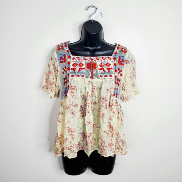 Zara Retro Folk Embroidered Chiffon Boho Coquette Prairie Country Blouse S - Picture 2 of 8